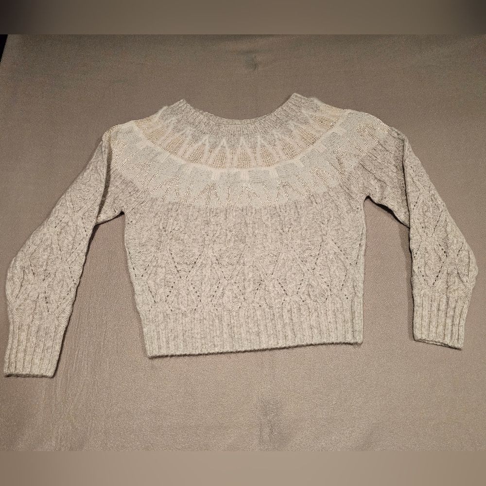 White House Black Market Fair Isle Cable Knit Sweater, Cream & Gray Size M